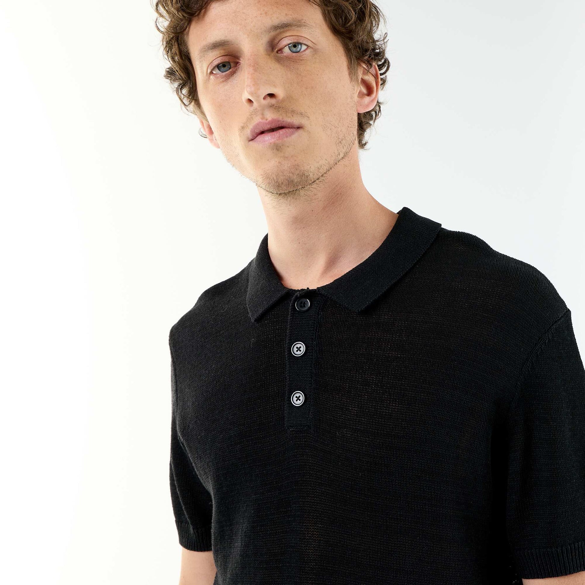 Short-sleeved openwork knit polo shirt BLACK