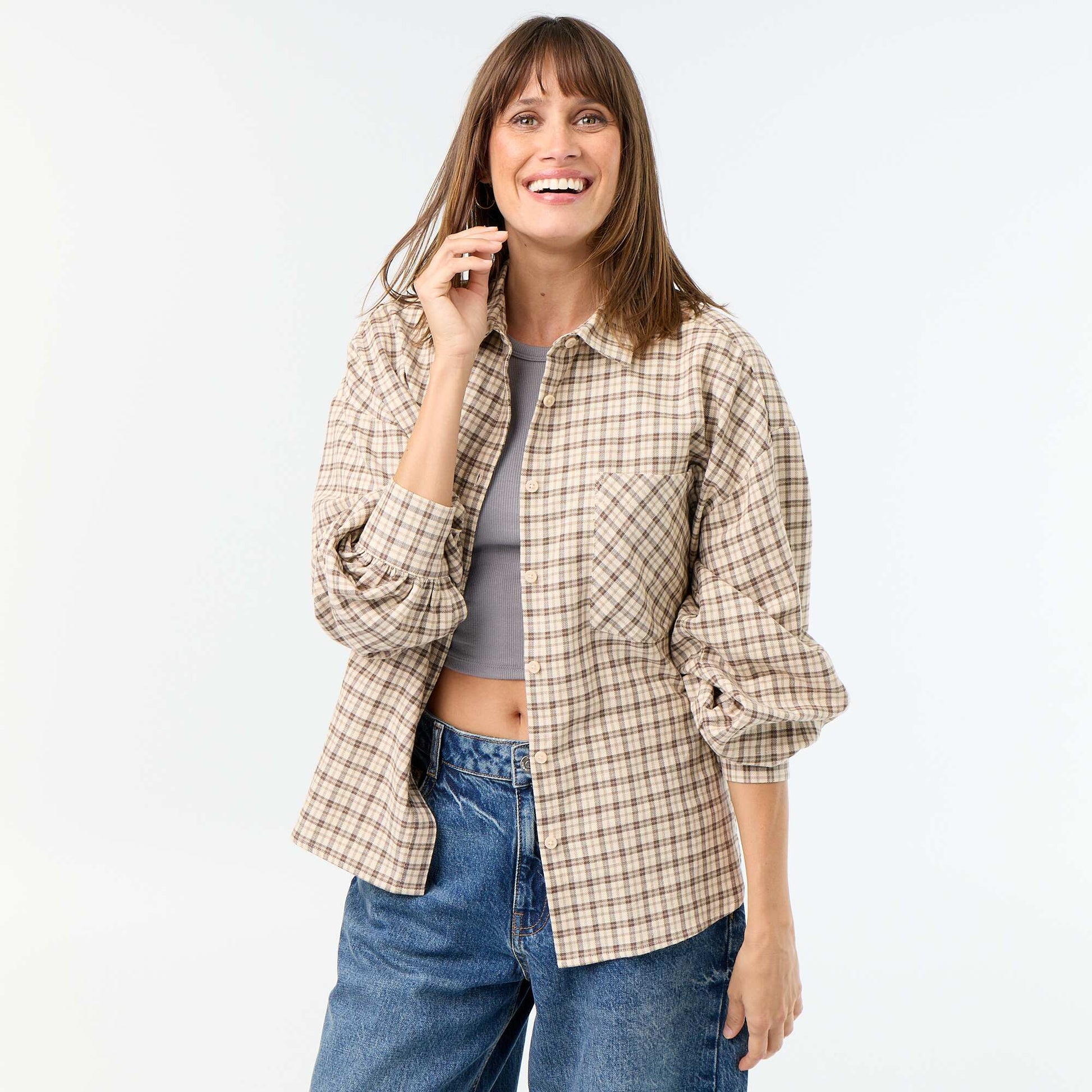 Long-sleeved checked shirt BEIGE