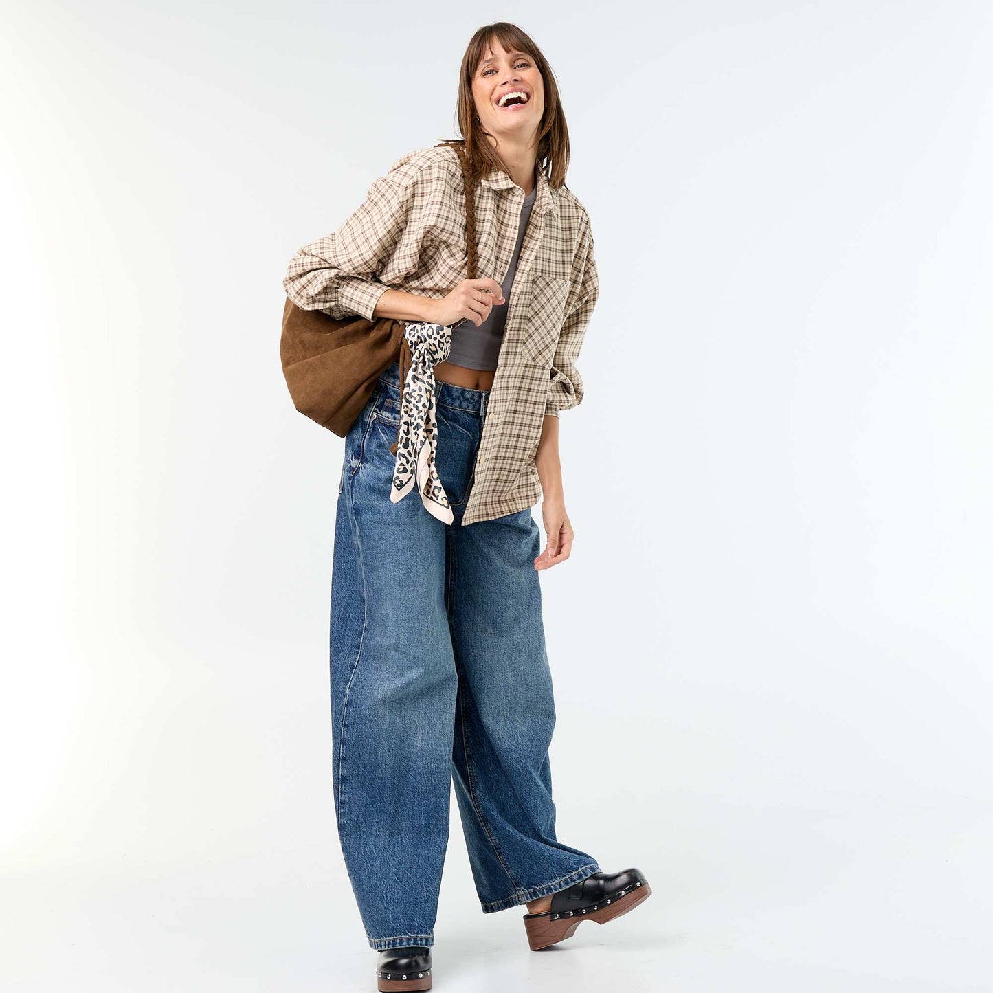 Long-sleeved checked shirt BEIGE