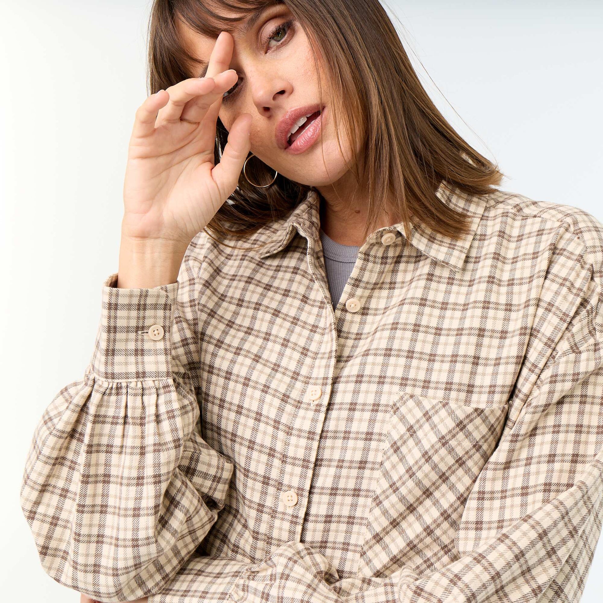 Long-sleeved checked shirt BEIGE