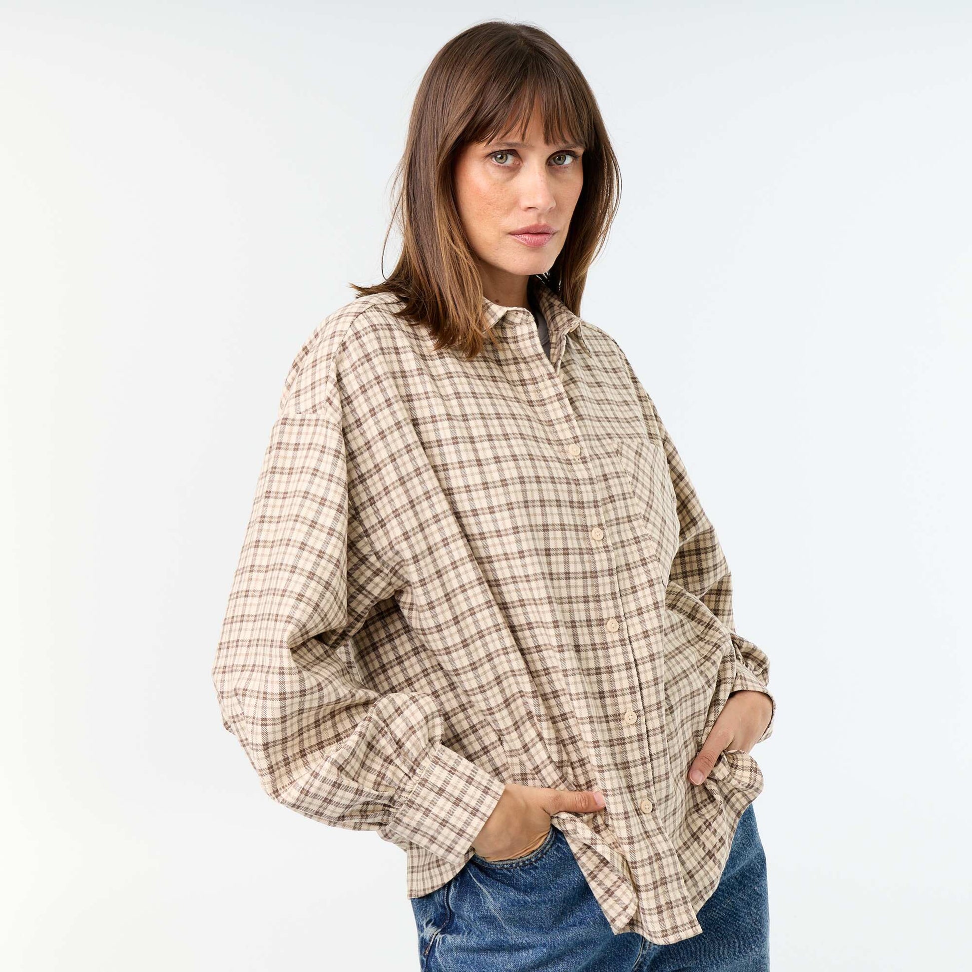 Long-sleeved checked shirt BEIGE