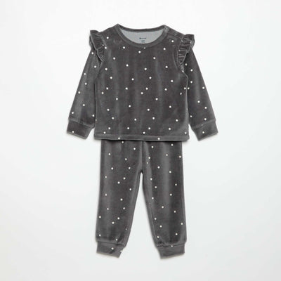 Velvet 2-Piece Pyjama Set: Ruffled Sweatshirt & Trousers BLACK