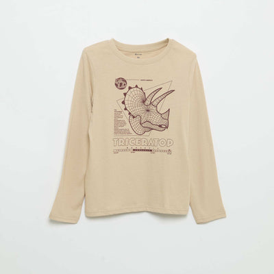 Printed long-sleeved T-shirt BEIGE