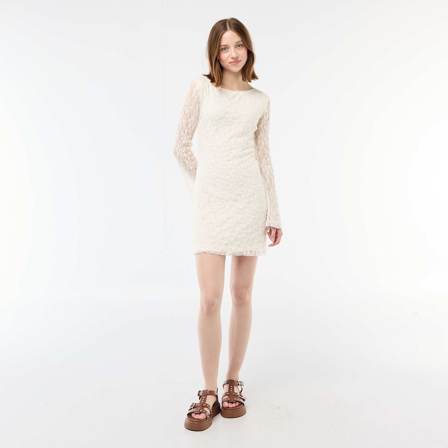Pagoda Sleeve Lace Dress BEIGE