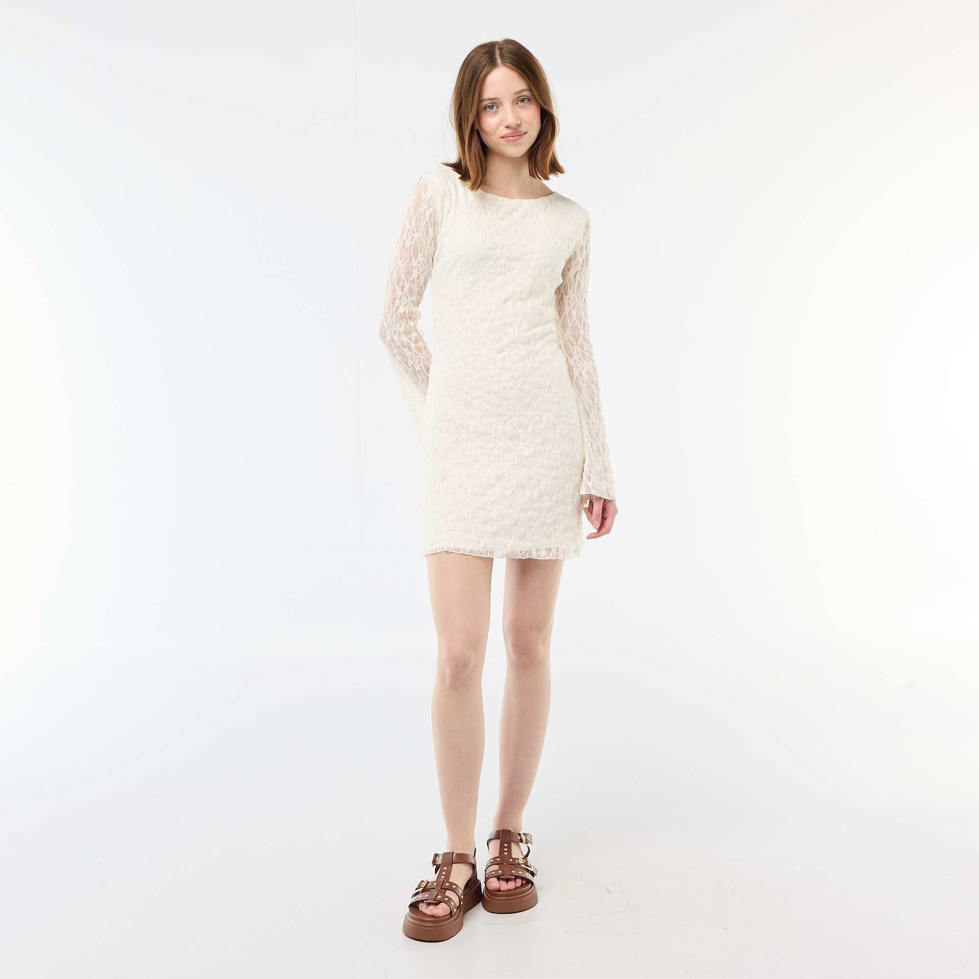 Pagoda Sleeve Lace Dress BEIGE