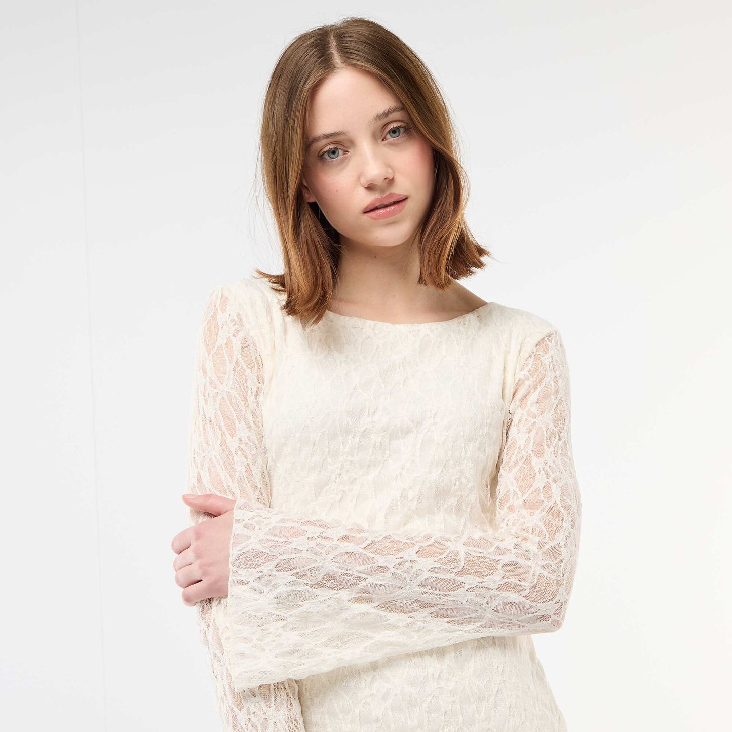 Pagoda Sleeve Lace Dress BEIGE