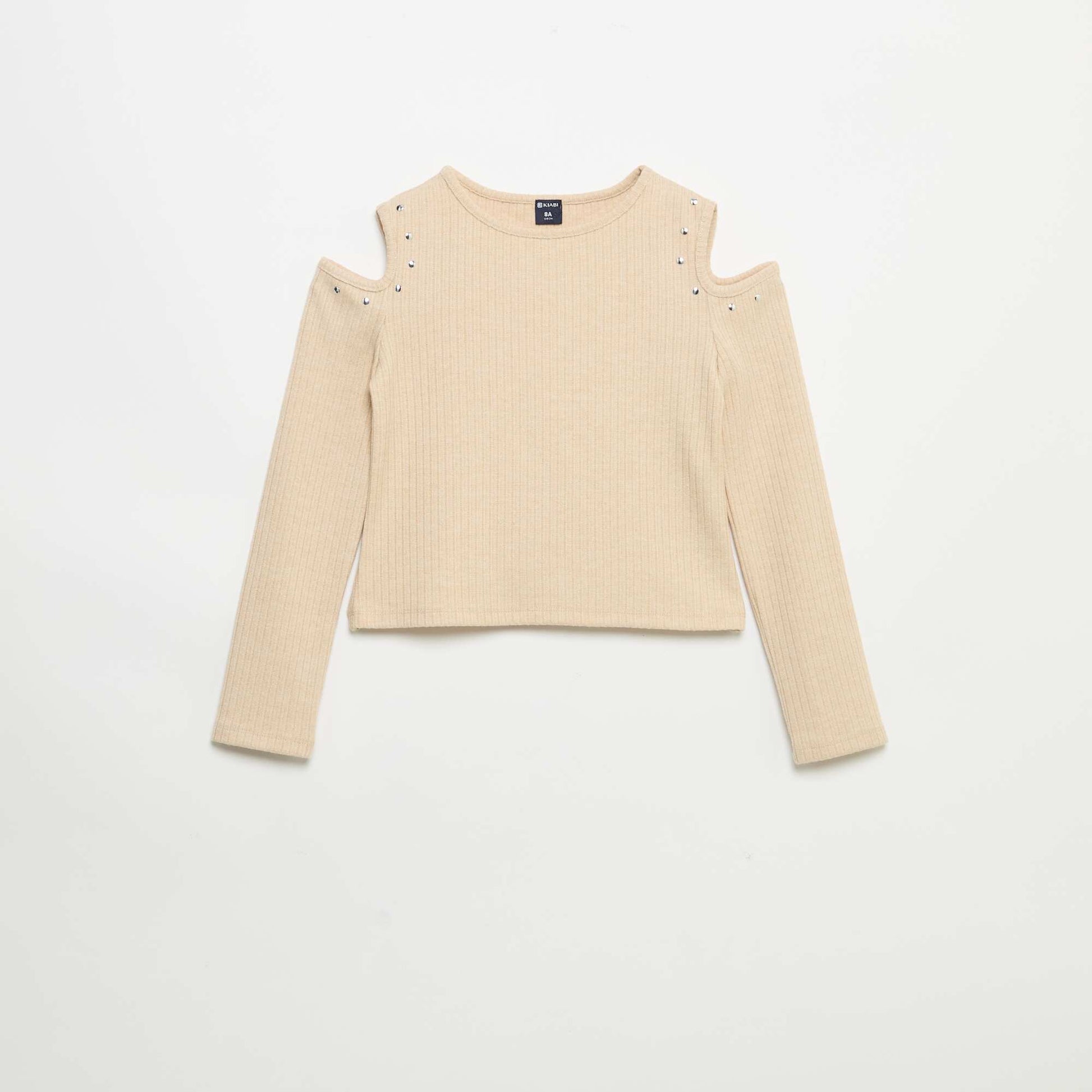 Ribbed Cold-Shoulder T-shirt BEIGE