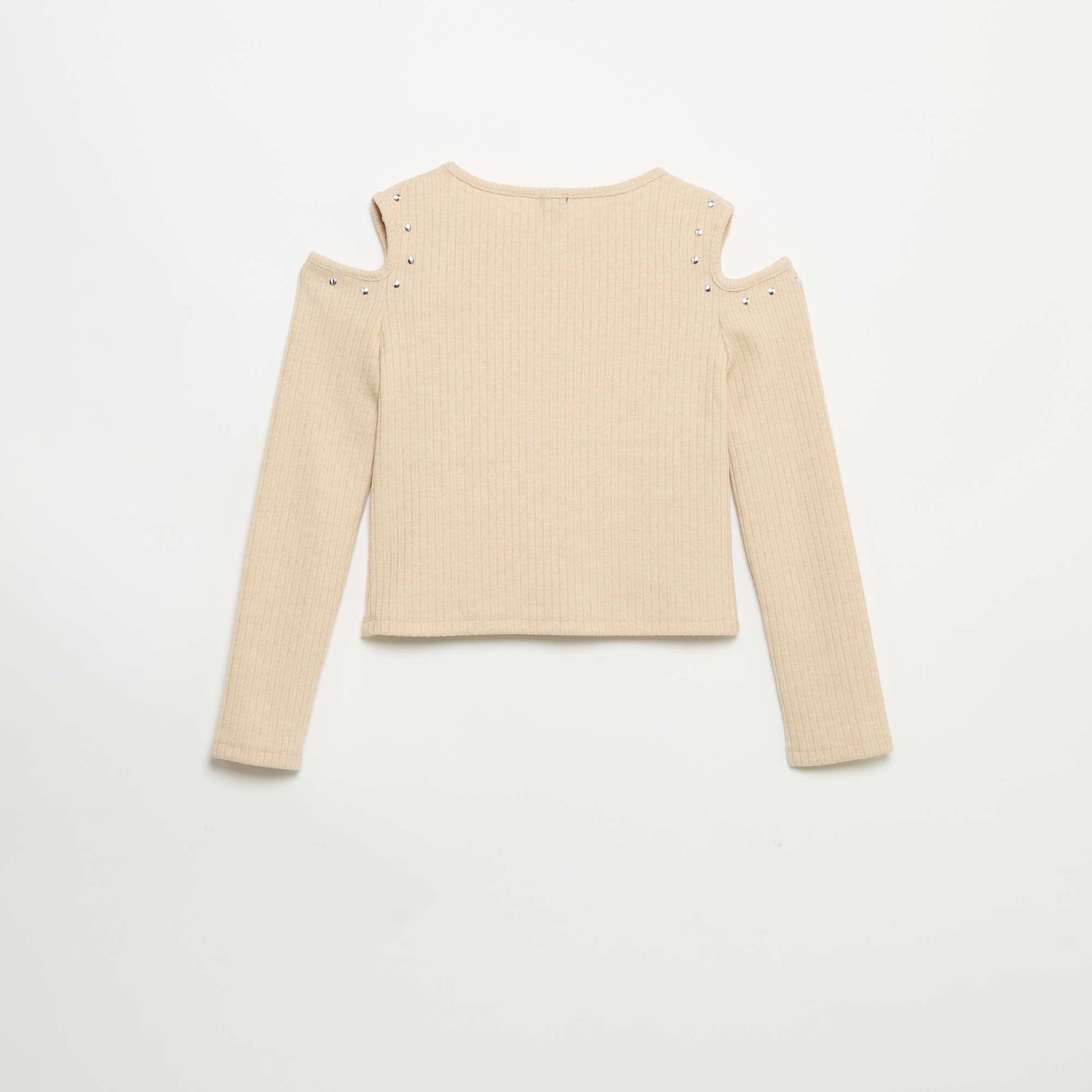 Ribbed Cold-Shoulder T-shirt BEIGE