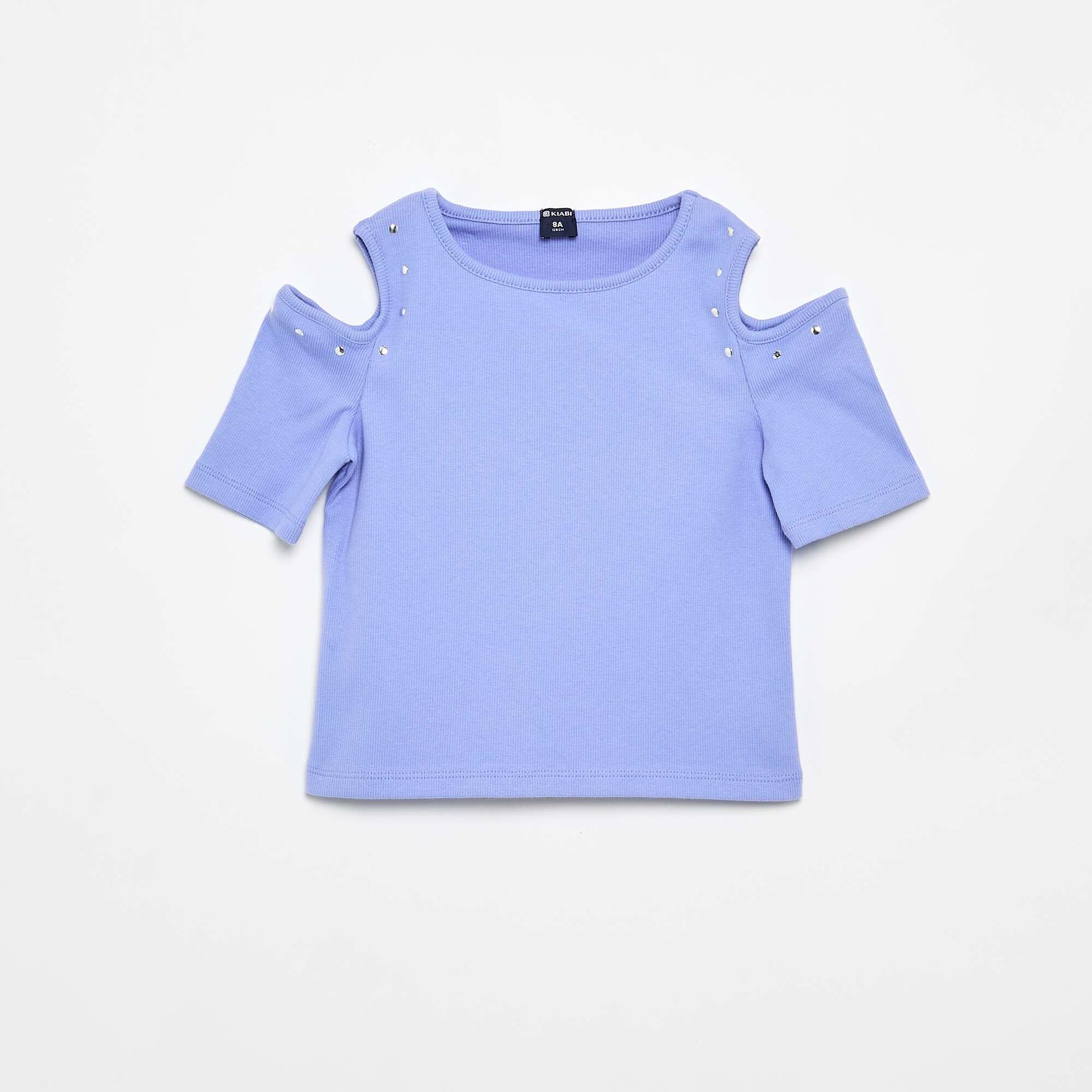 Ribbed Cold Shoulder T-shirt with Studs PURPLE