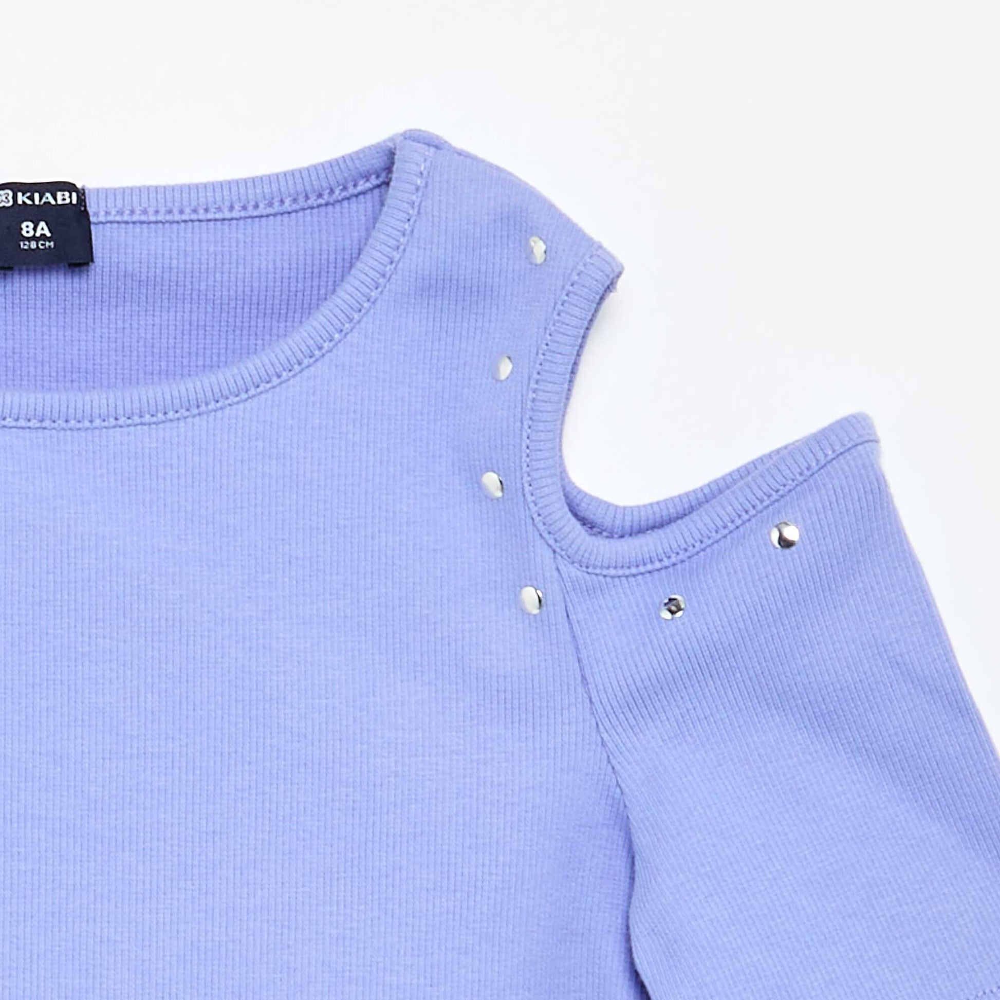 Ribbed Cold Shoulder T-shirt with Studs PURPLE