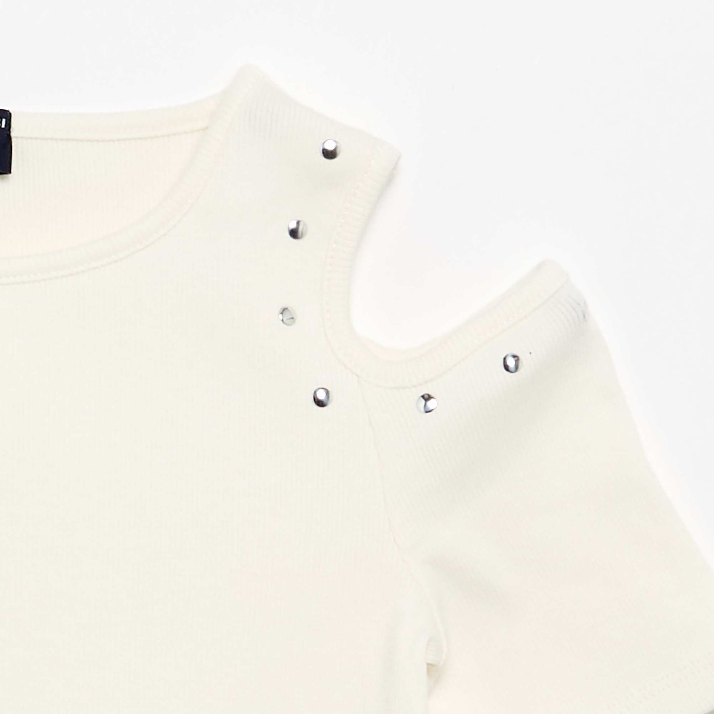 Ribbed Cold Shoulder T-shirt with Studs WHITE