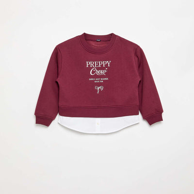 Sweatshirt with Built-in Shirt Hem and Chest Embroidery PURPLE