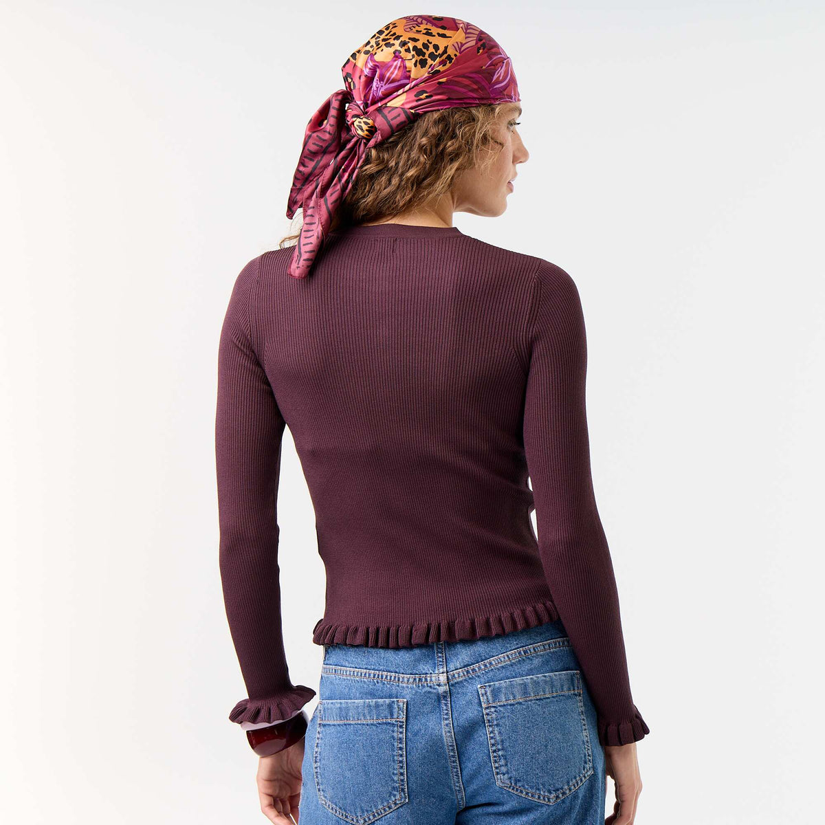 Ruffled Trim Ribbed Cardigan PURPLE