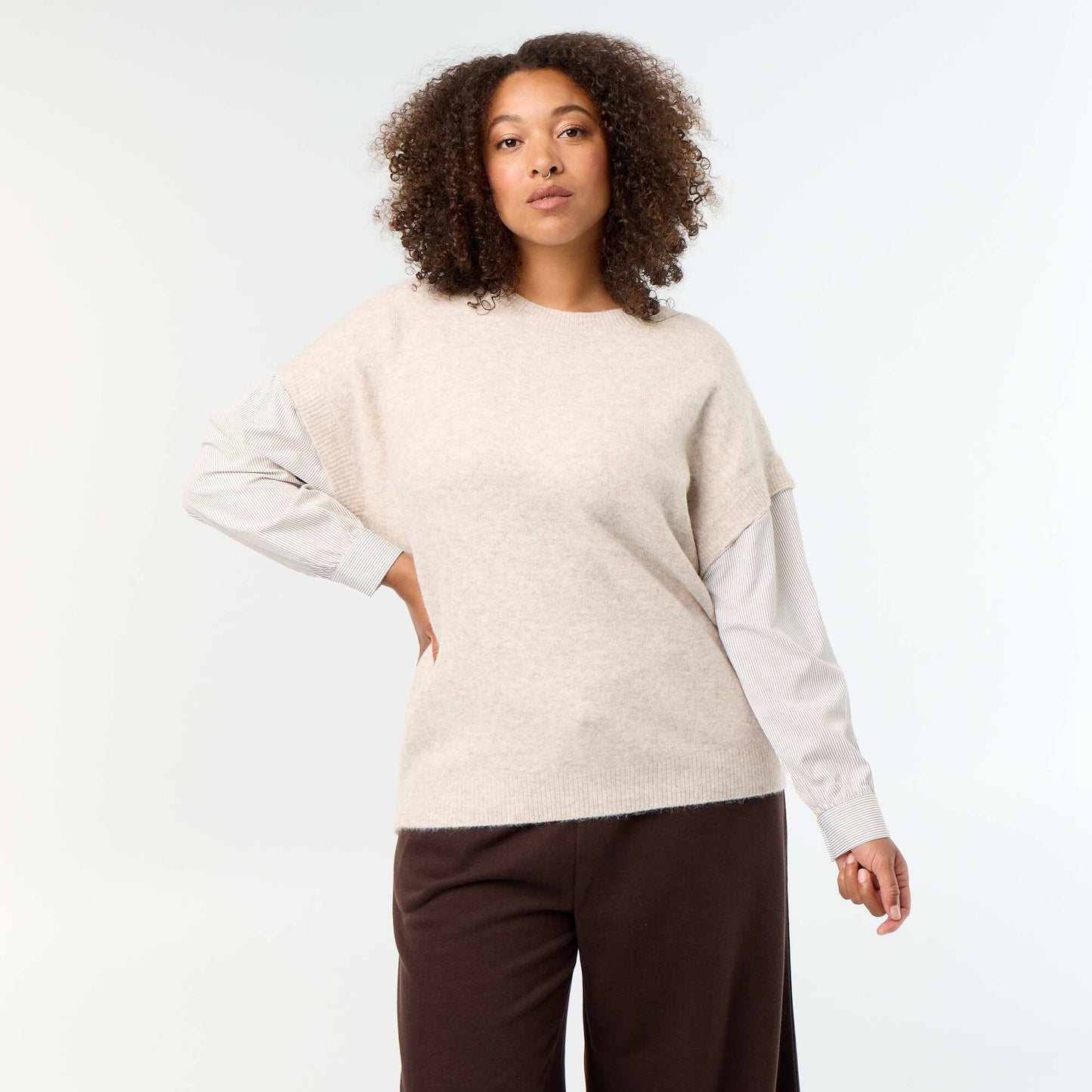 2-in-1 Sweater with Shirt BEIGE