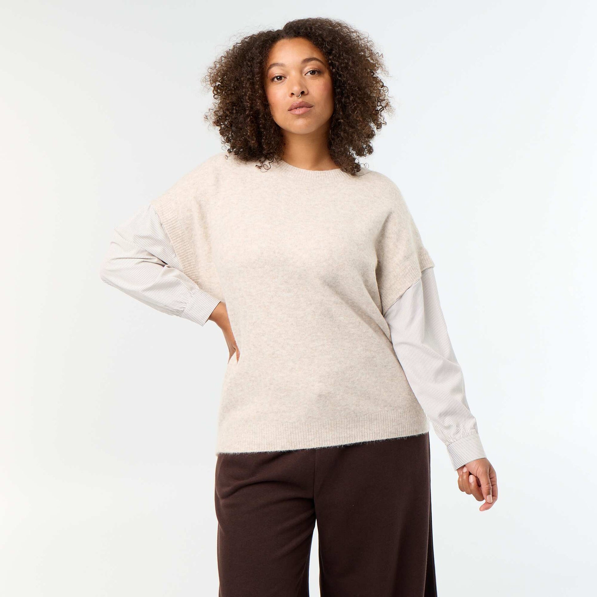 2-in-1 Sweater with Shirt BEIGE