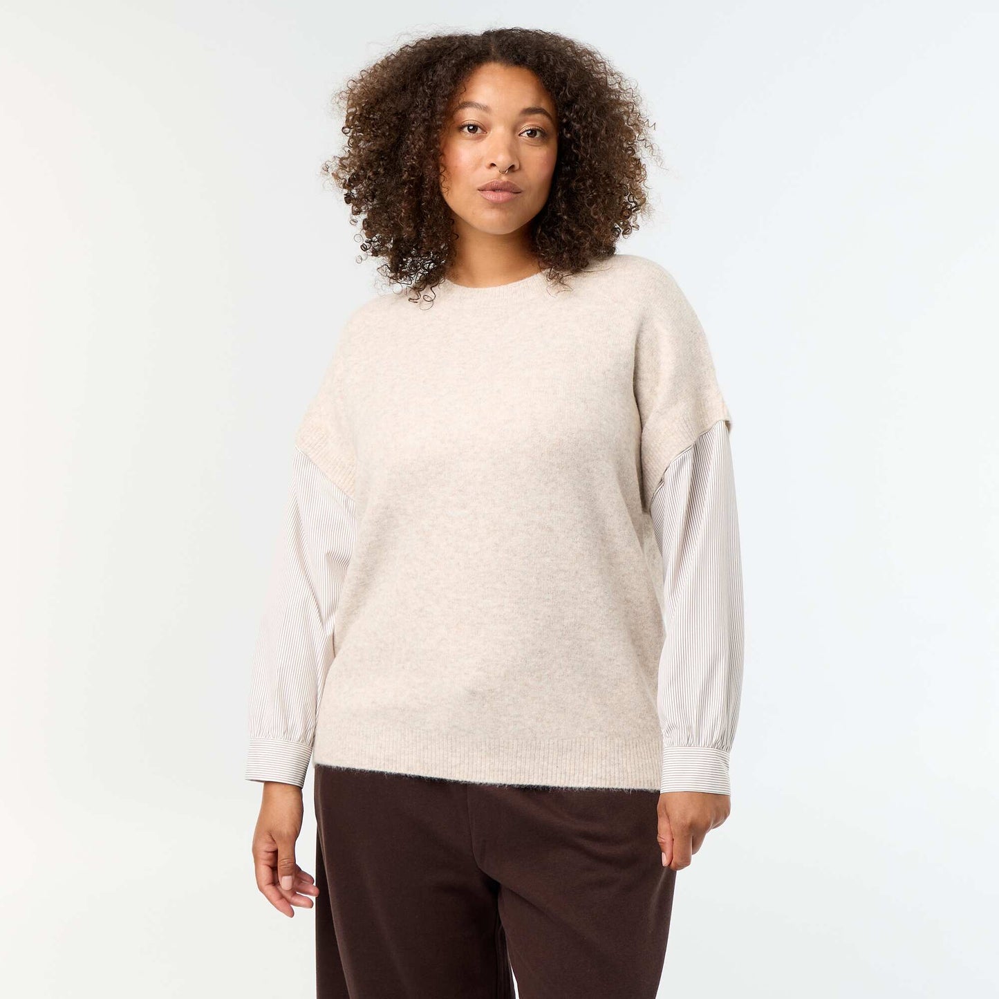2-in-1 Sweater with Shirt BEIGE