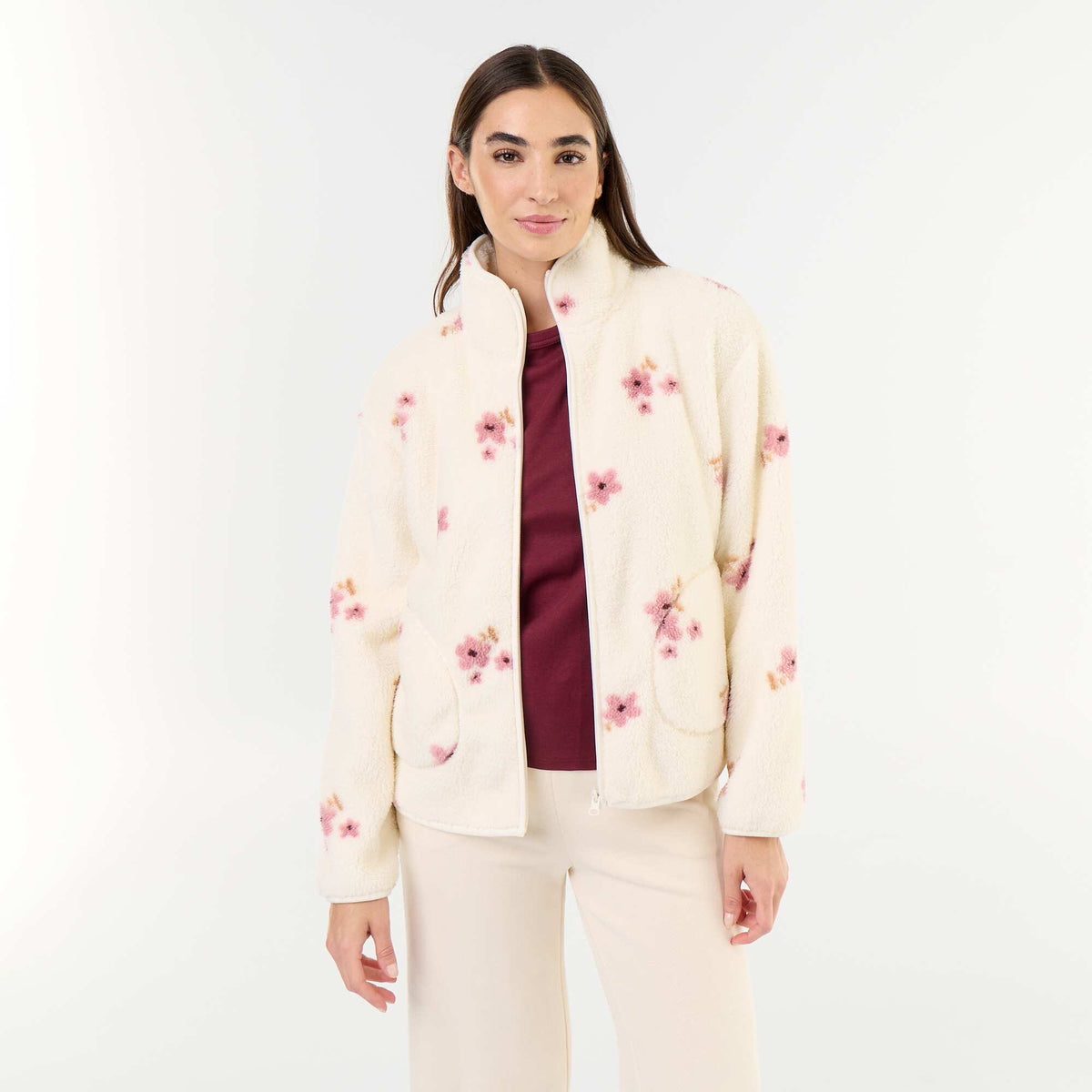 Patterned Zip-Up Fleece Top WHITE