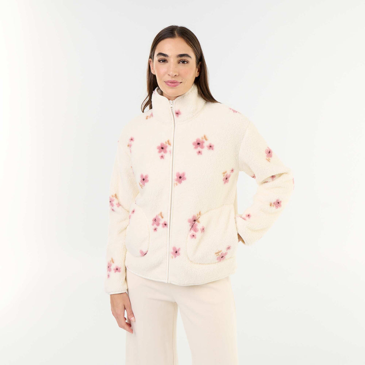 Patterned Zip-Up Fleece Top WHITE