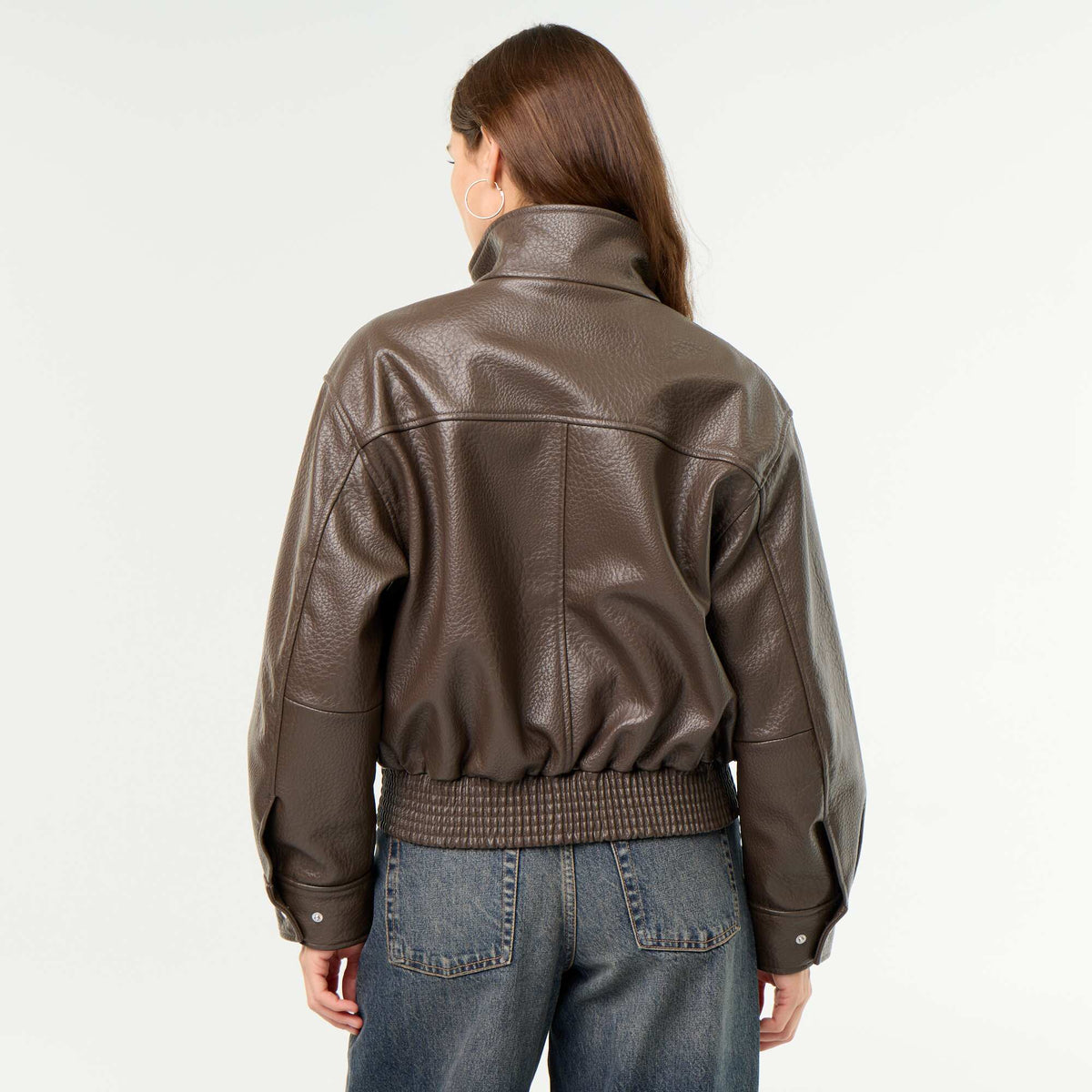 Oversized Faux Leather High-Neck Jacket BROWN
