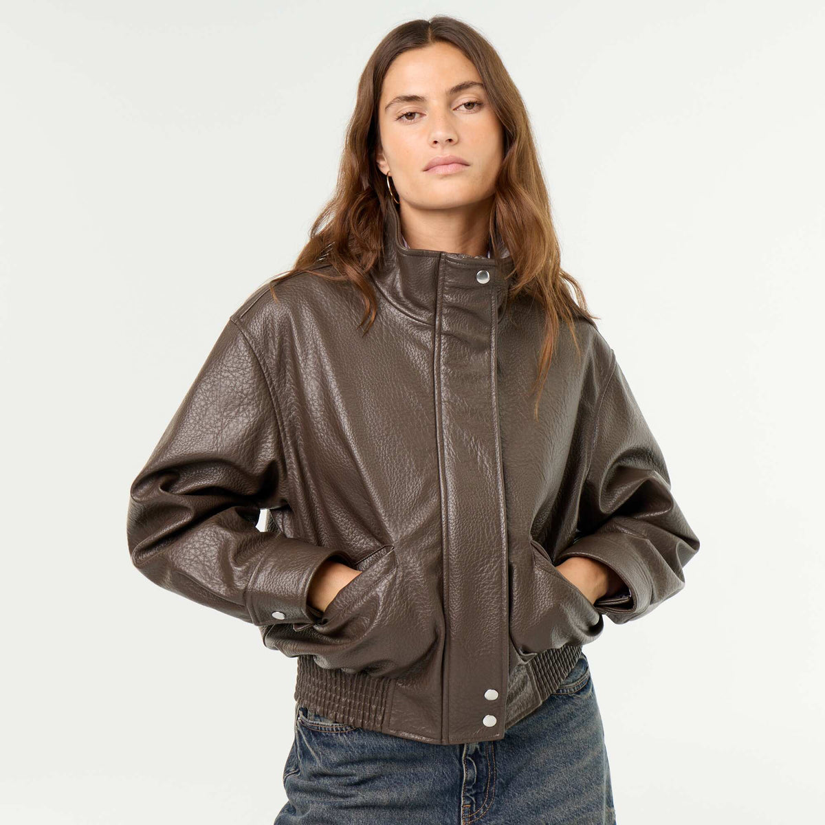 Oversized Faux Leather High-Neck Jacket BROWN