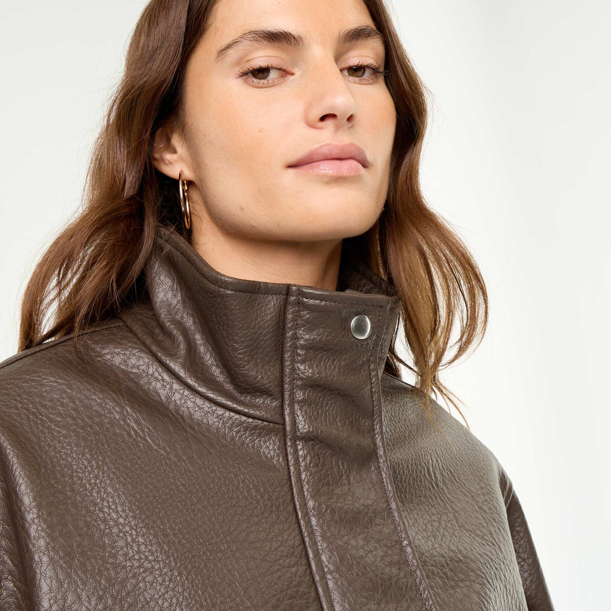Oversized Faux Leather High-Neck Jacket BROWN