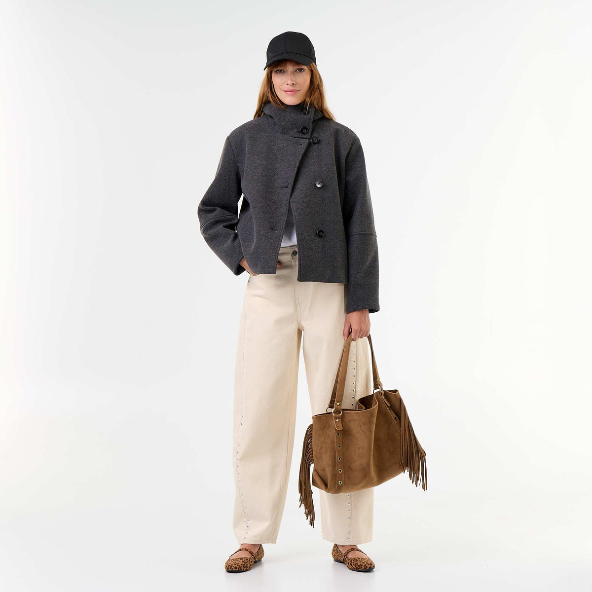 Wool-effect short coat GREY