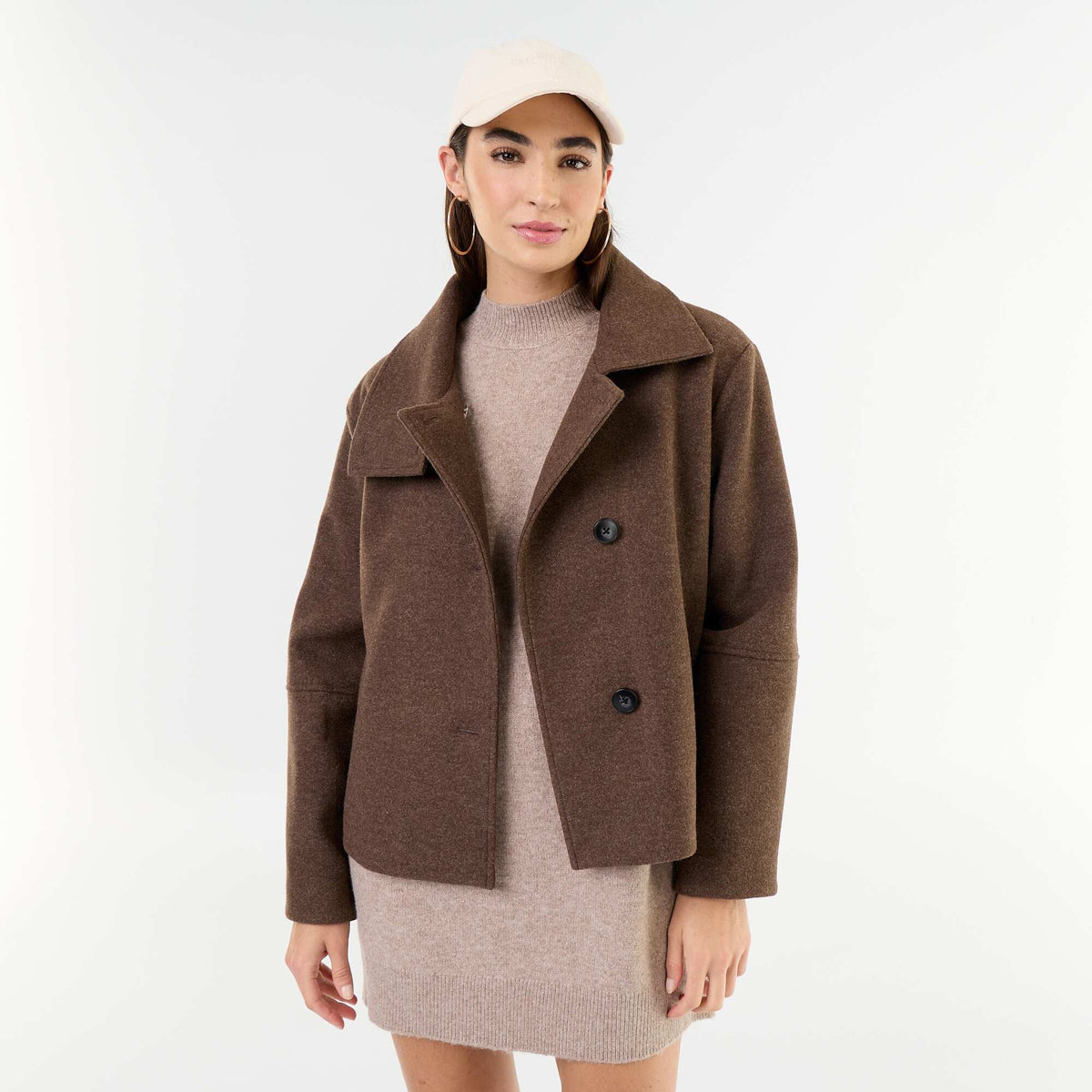 Wool-effect short coat BROWN