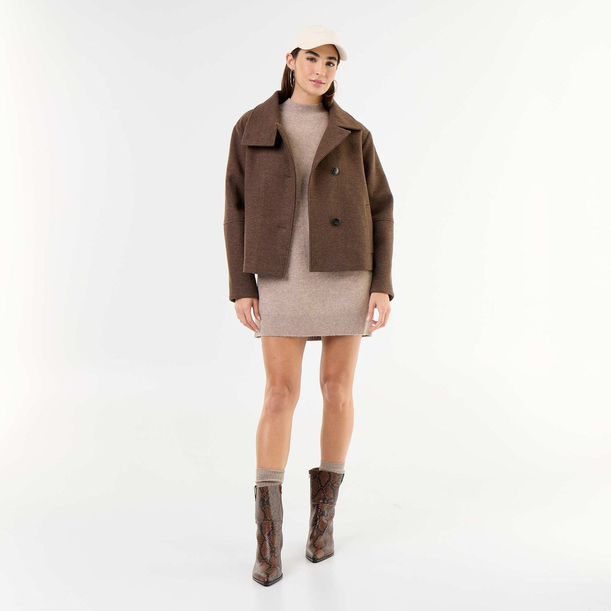 Wool-effect short coat BROWN