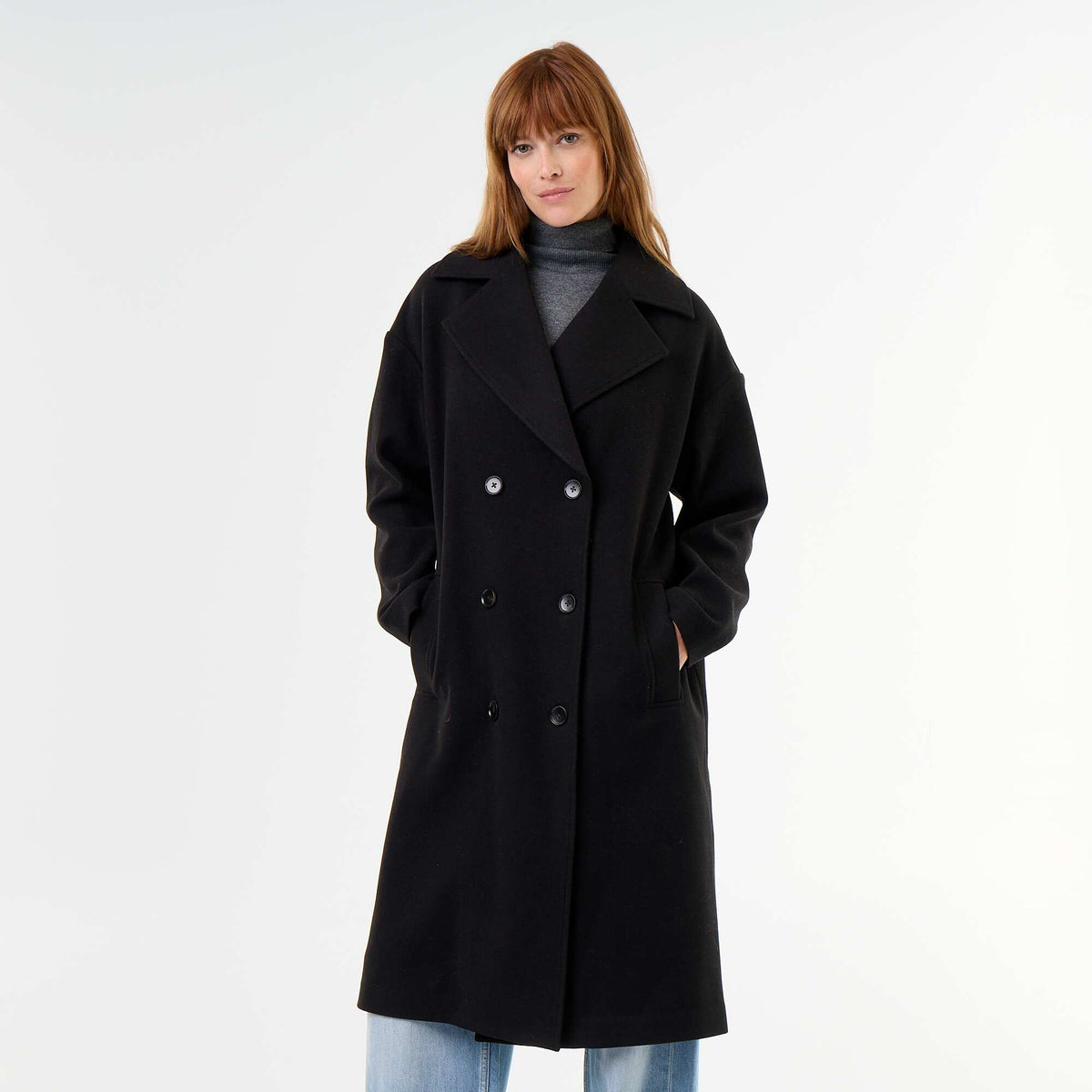 Long wool-effect coat with tailored collar BLACK