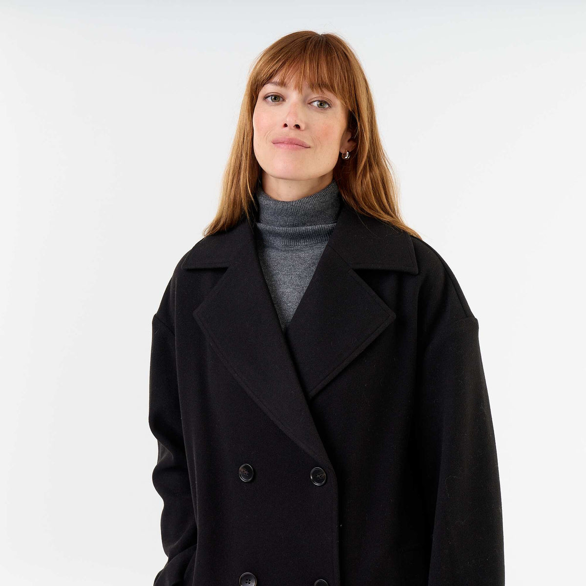 Long wool-effect coat with tailored collar BLACK