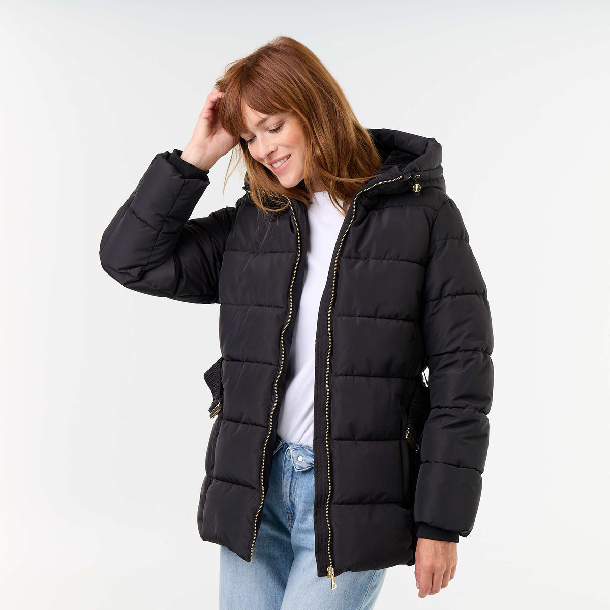Faux fur-lined hooded parka BLACK