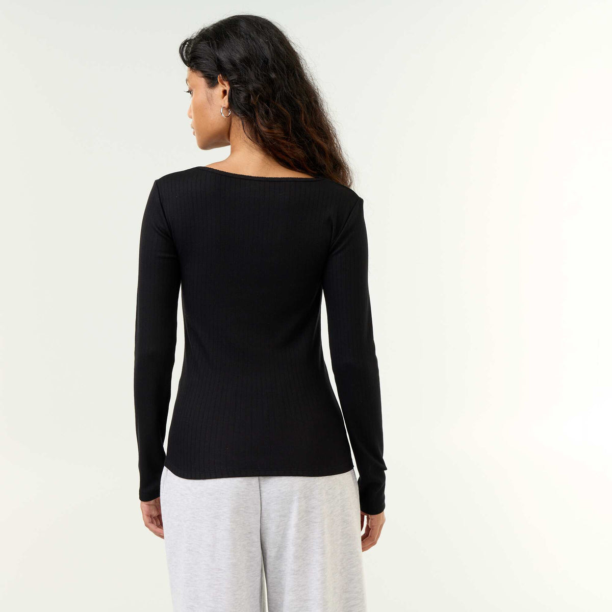 Long-sleeved pointelle knit T-shirt BLACK