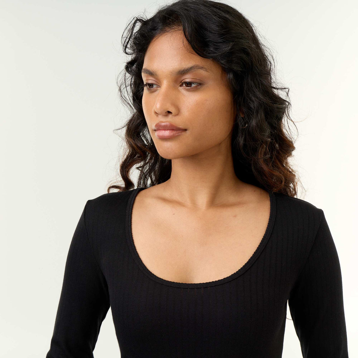 Long-sleeved pointelle knit T-shirt BLACK