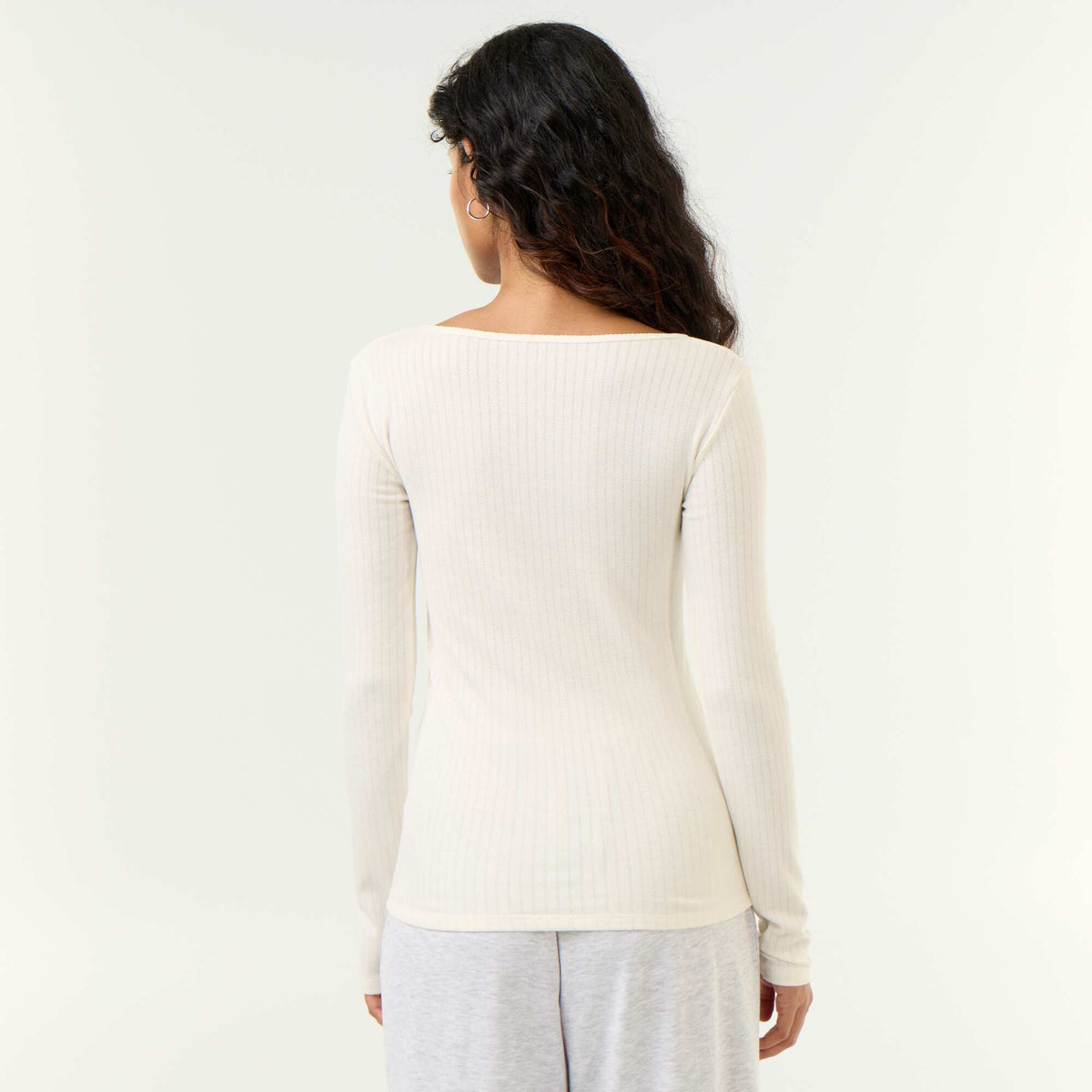 Long-sleeved pointelle knit T-shirt BEIGE