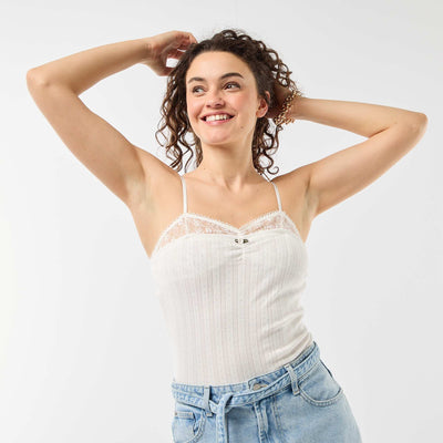 Pointelle knit and lace camisole WHITE