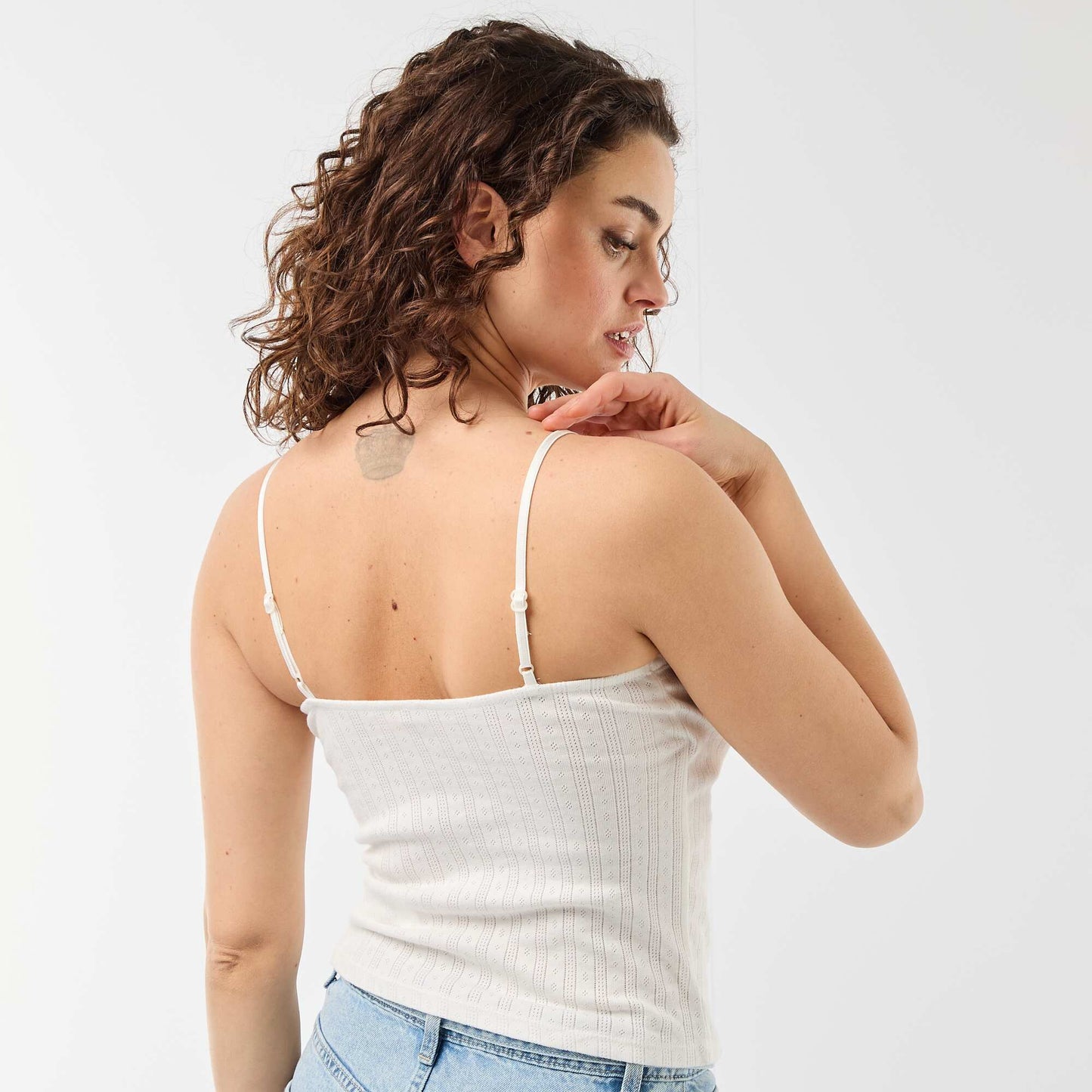 Pointelle knit and lace camisole WHITE