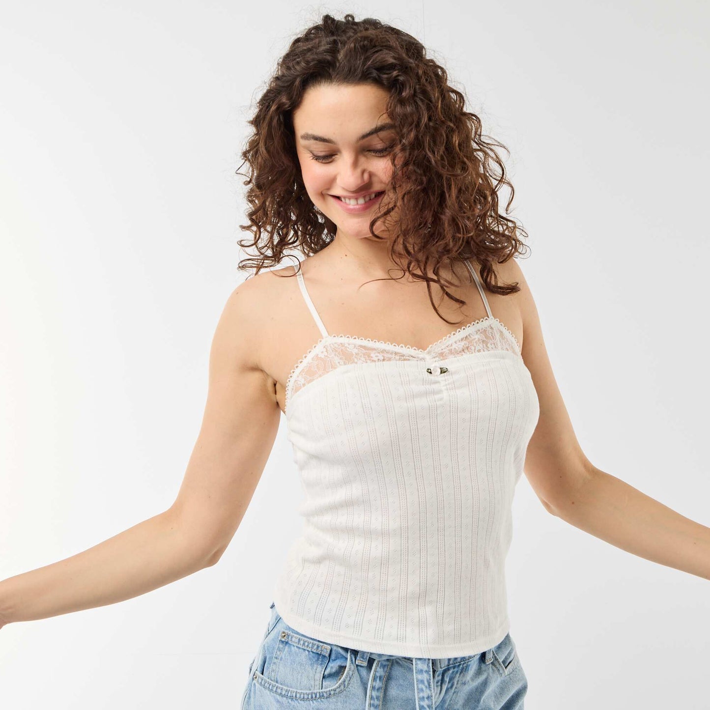 Pointelle knit and lace camisole WHITE