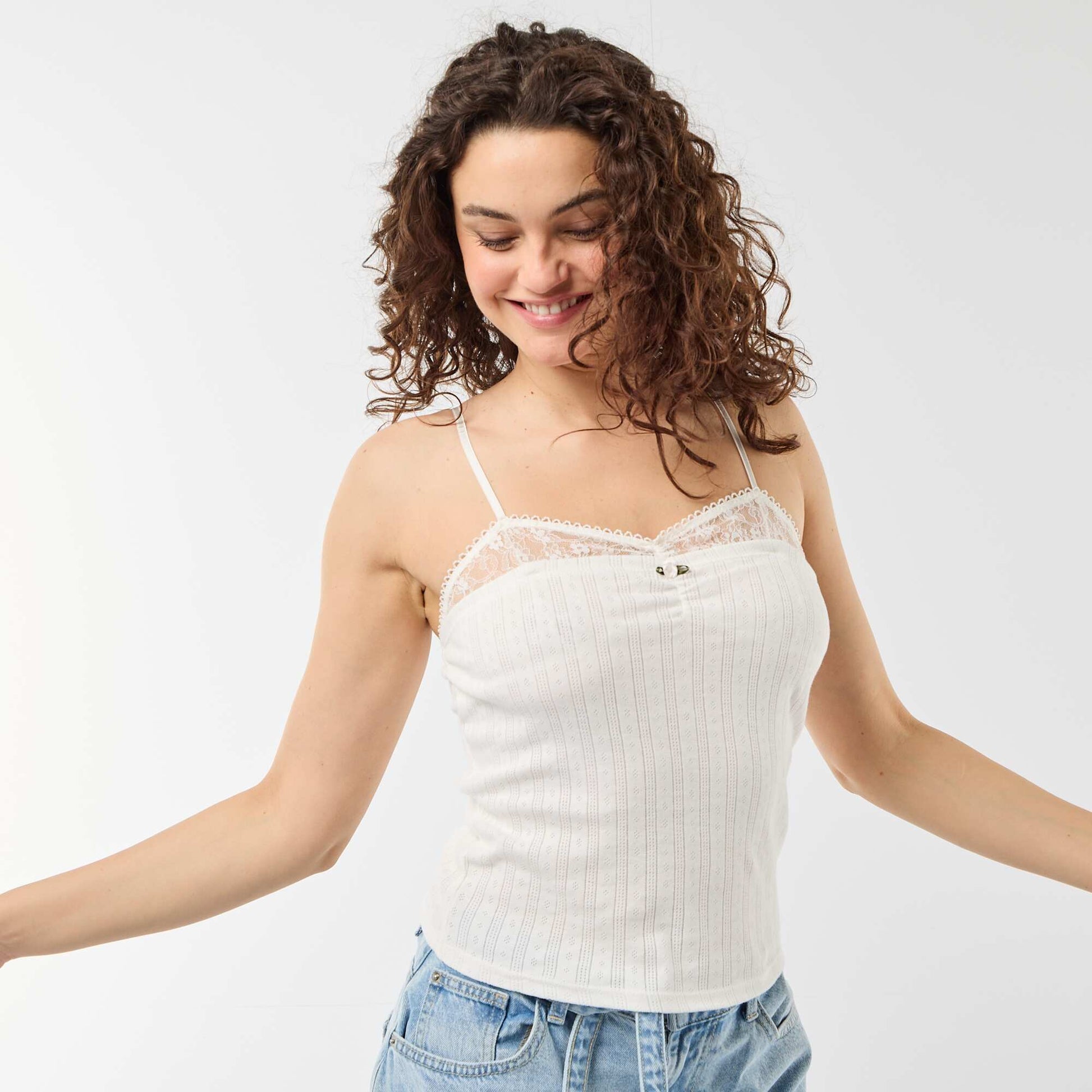 Pointelle knit and lace camisole WHITE