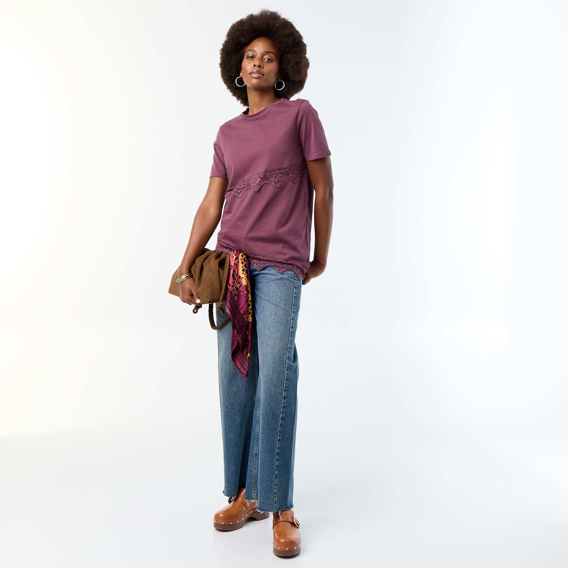 Short-sleeved T-shirt with lace PURPLE