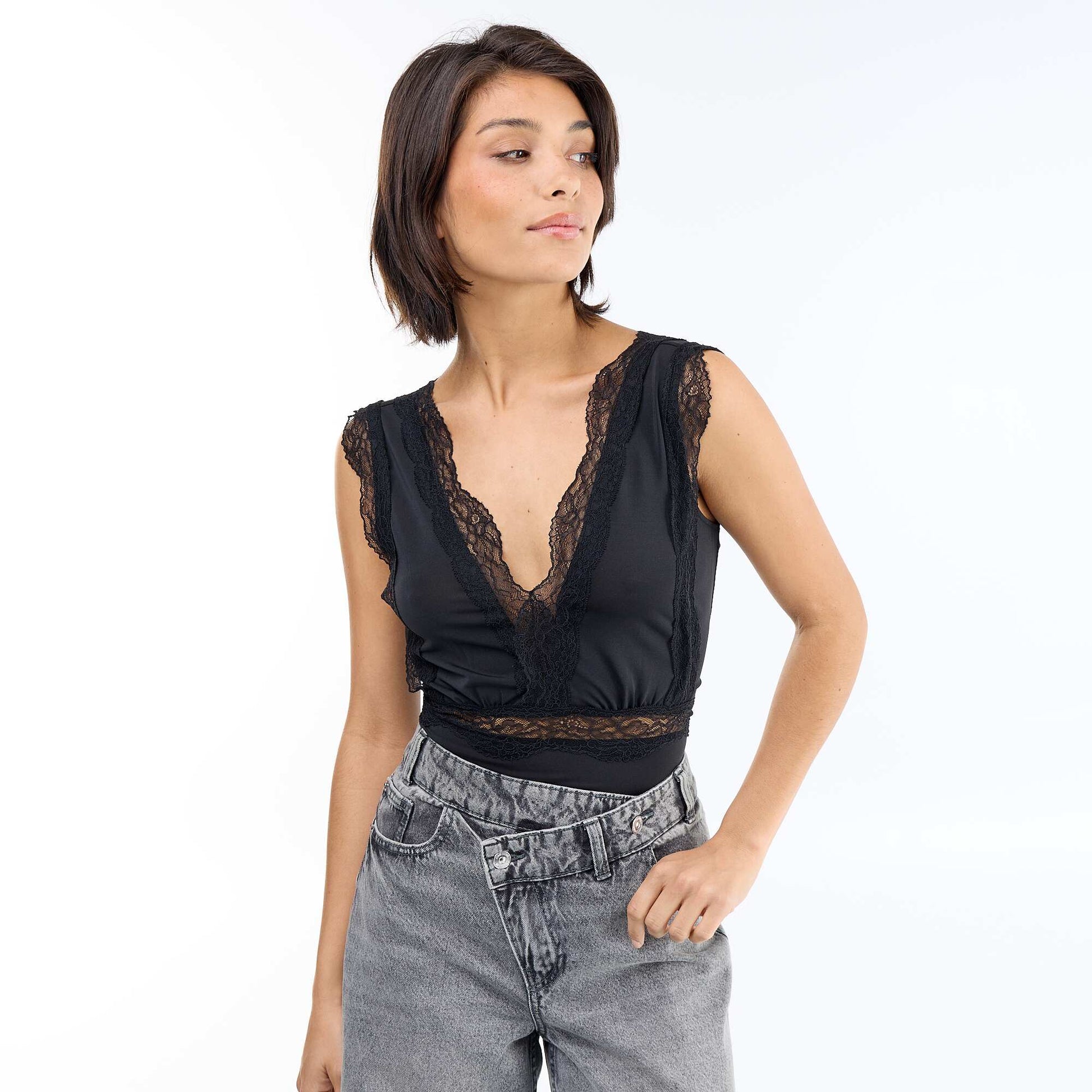 Lace-trimmed Solid Bodysuit BLACK