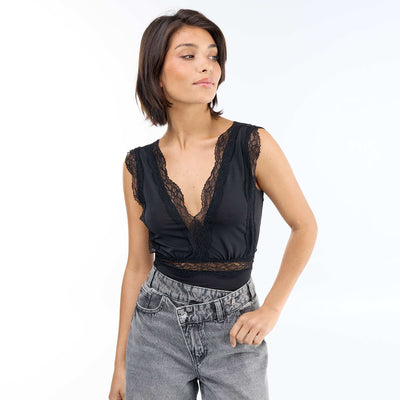 Lace-trimmed Solid Bodysuit BLACK