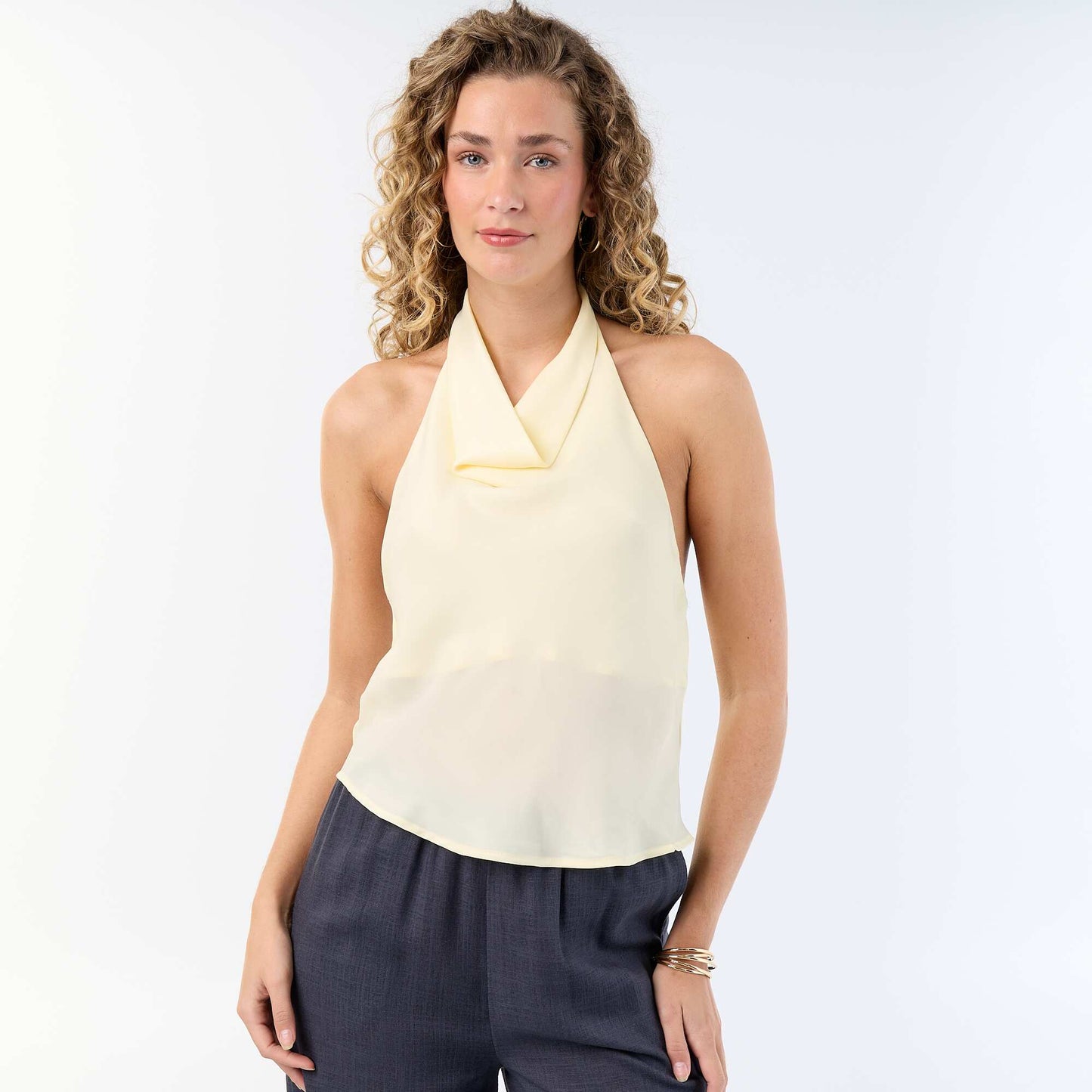 Satin-Effect Asymmetric Plain Stretch Top YELLOW
