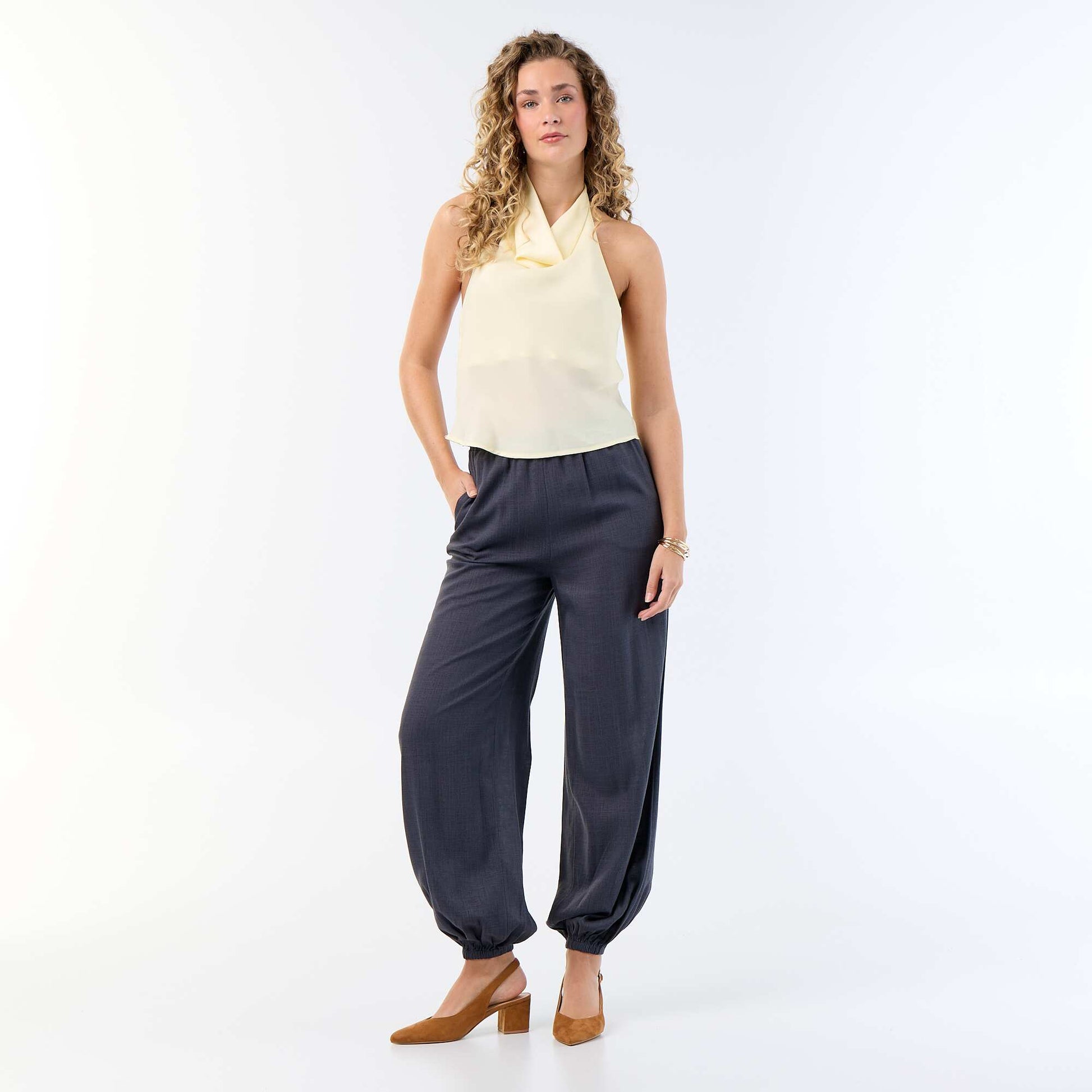 Satin-Effect Asymmetric Plain Stretch Top YELLOW
