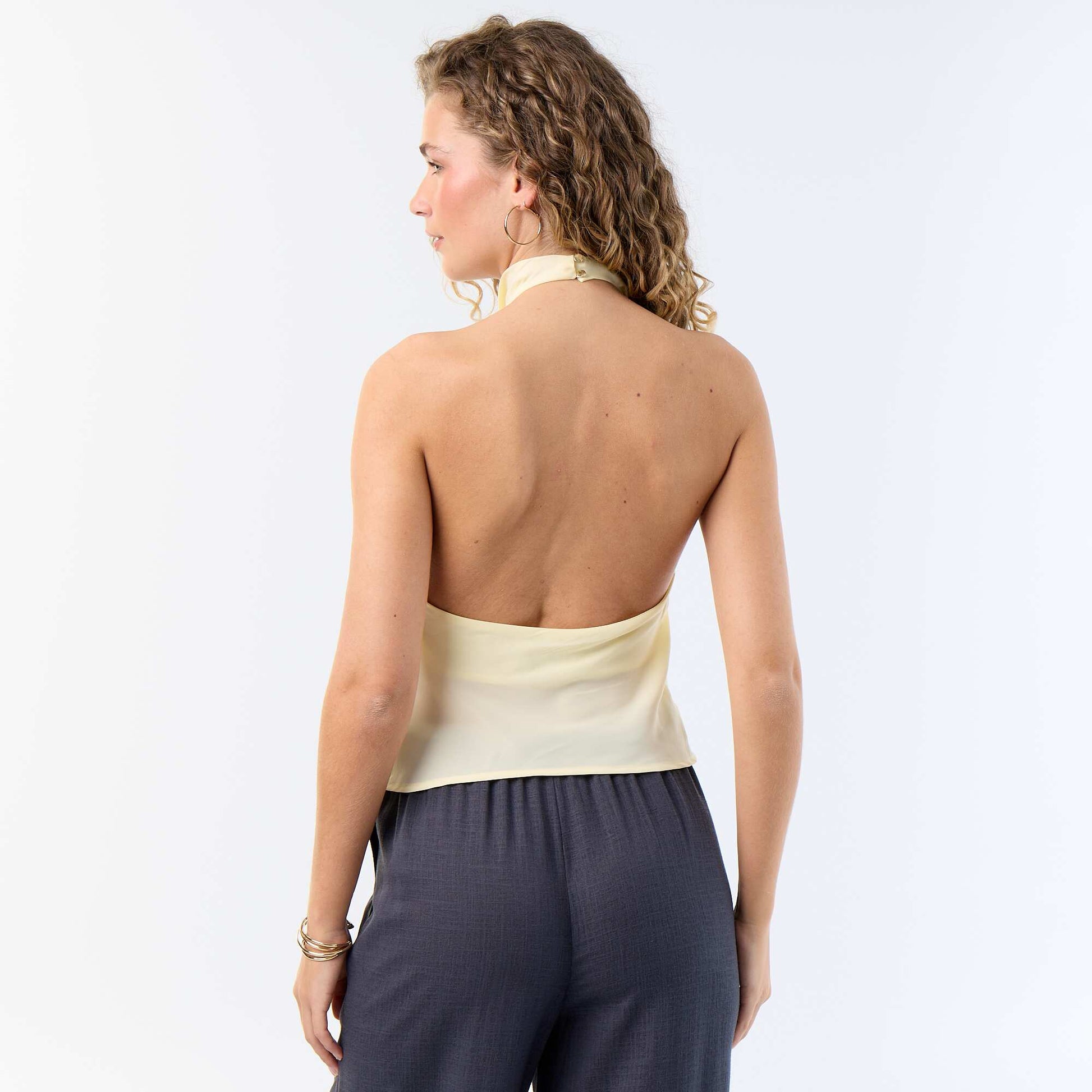 Satin-Effect Asymmetric Plain Stretch Top YELLOW