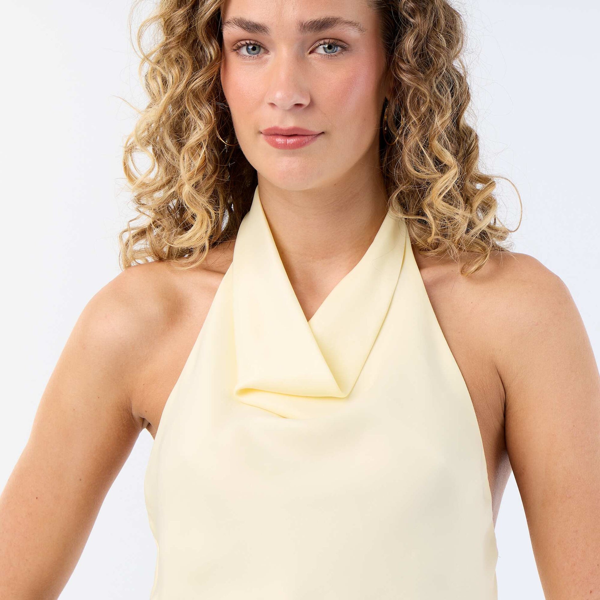 Satin-Effect Asymmetric Plain Stretch Top YELLOW