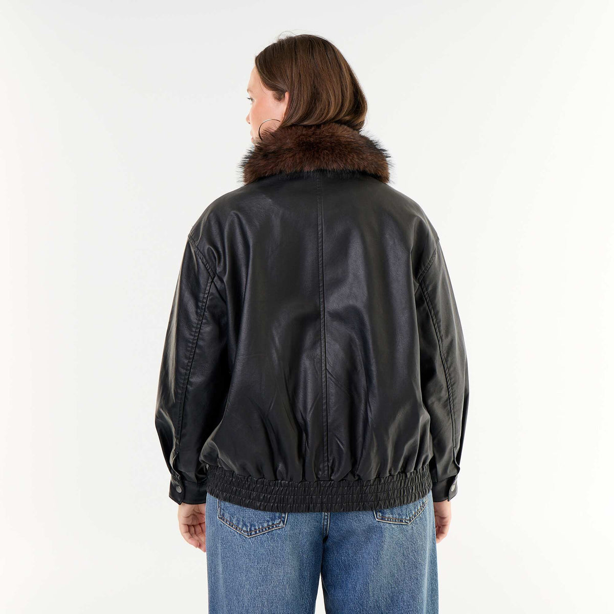 Oversized Faux Leather Jacket with Removable Faux Fur Collar BLACK