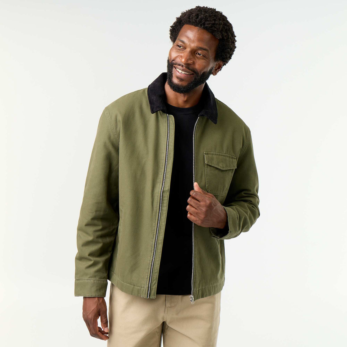 Short Zip-Up Jacket with Velvet Contrast Collar GREEN