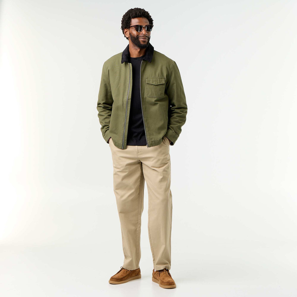 Short Zip-Up Jacket with Velvet Contrast Collar GREEN