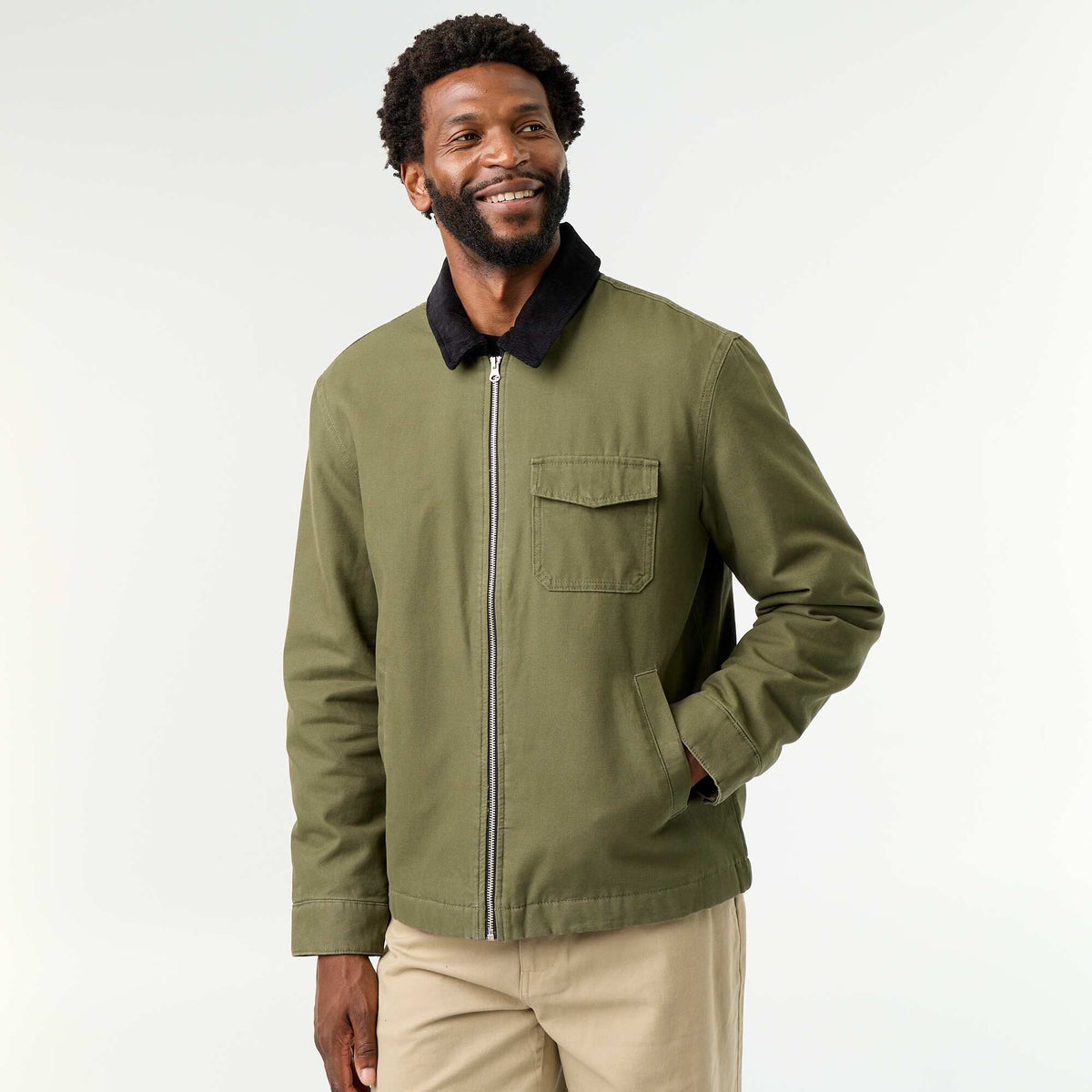 Short Zip-Up Jacket with Velvet Contrast Collar GREEN