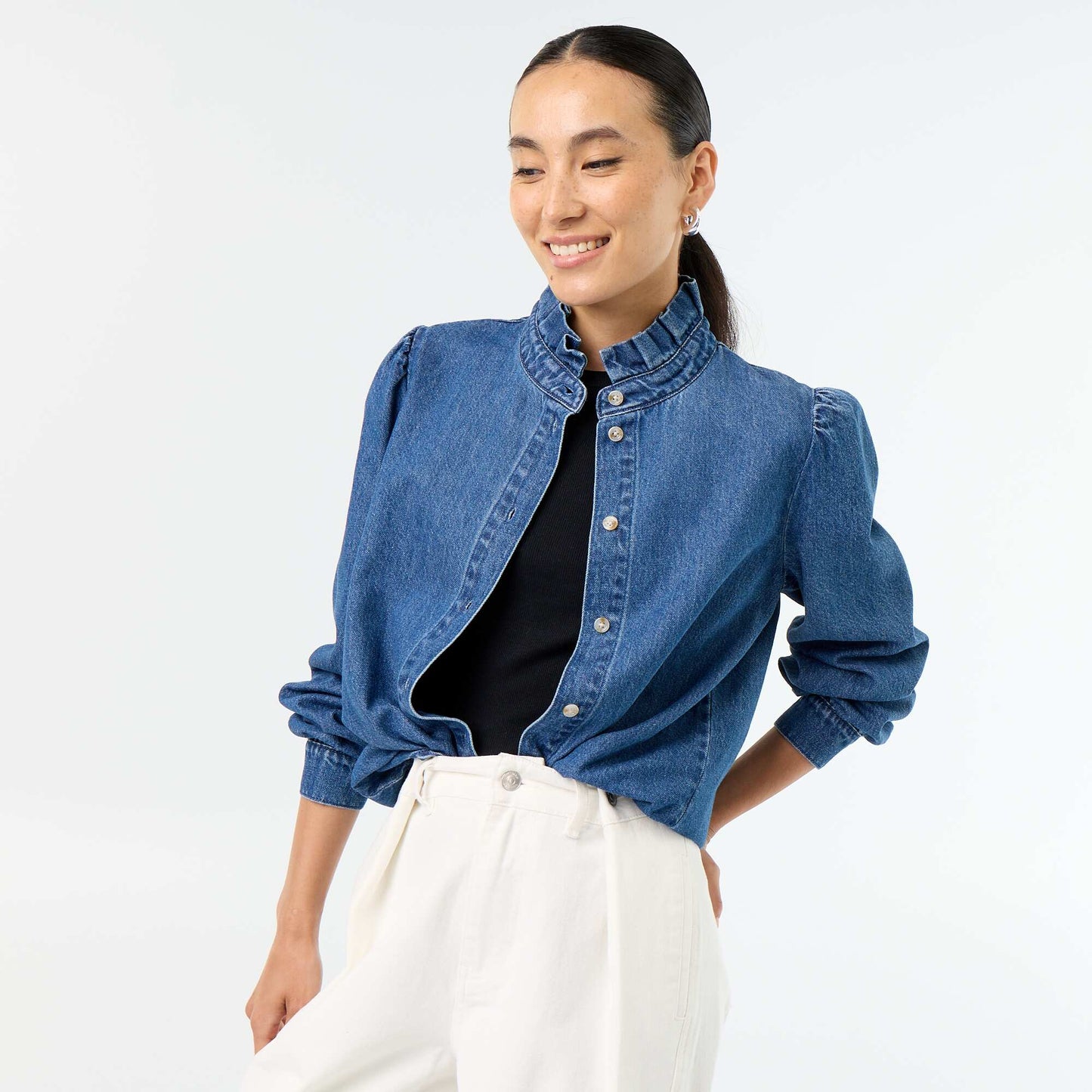 Denim Blouse with Ruffled Collar BLUE